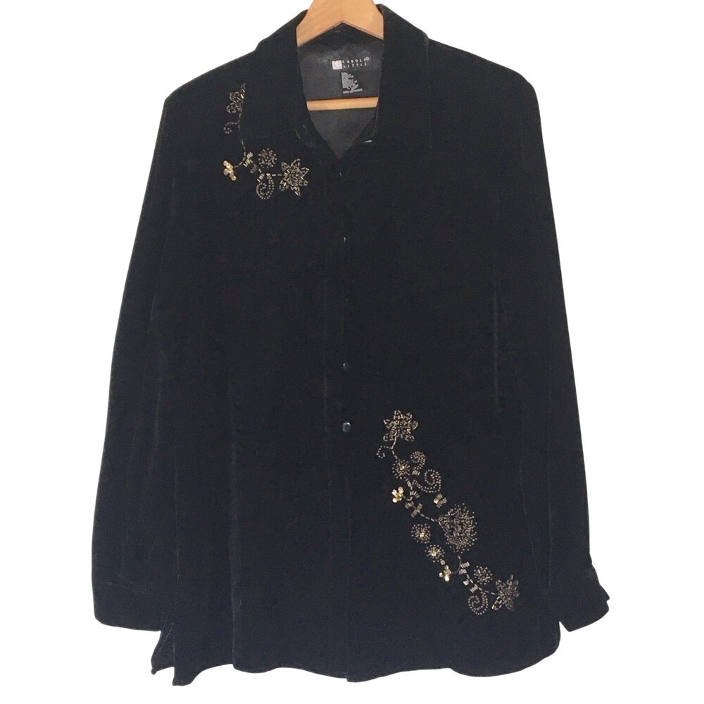 Carole Little Black Velvet Blouse with Gold Embroidery